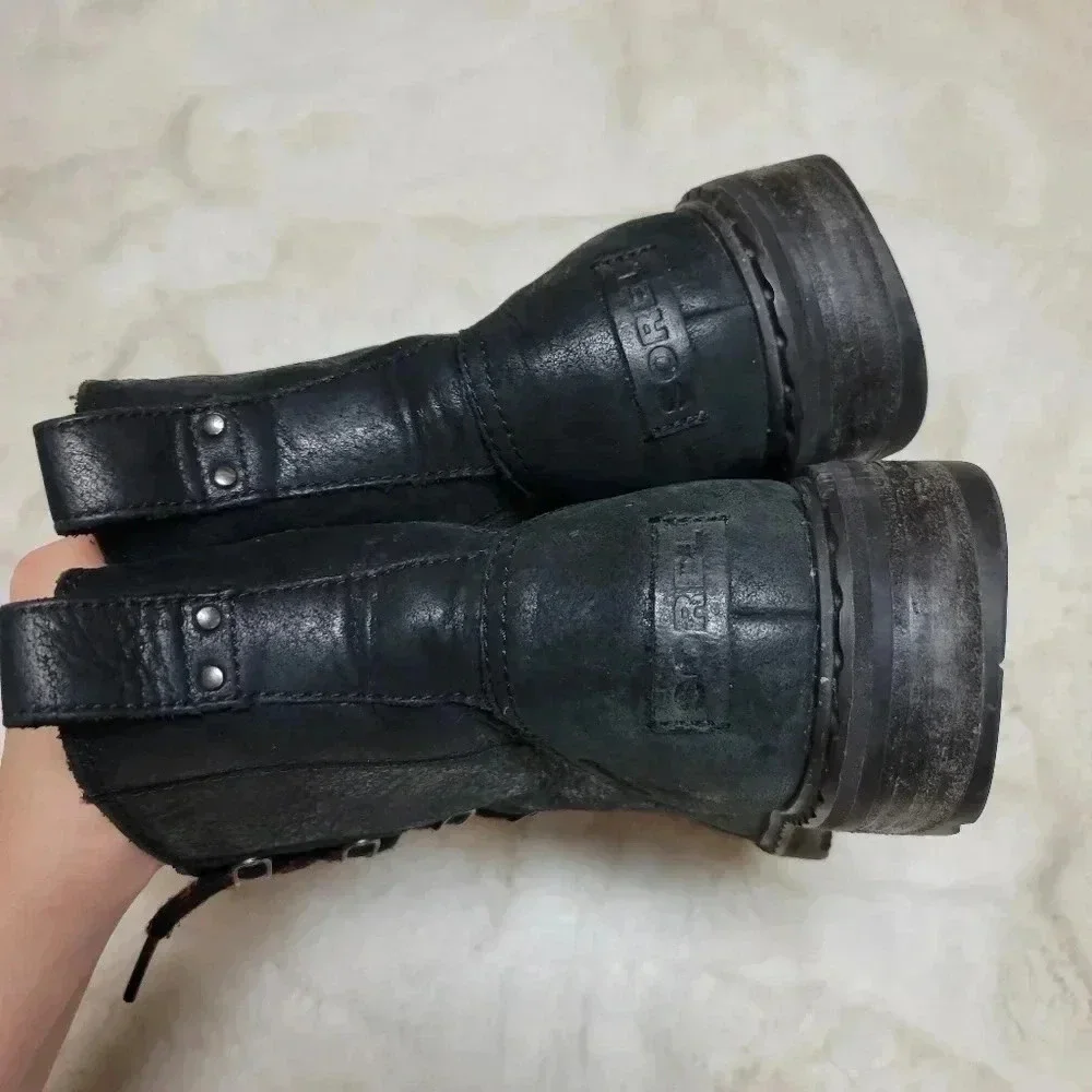 Sorel Lennox Black Leather Moto Combat Lace Up Lug Sole Boots Sherpa Size 8